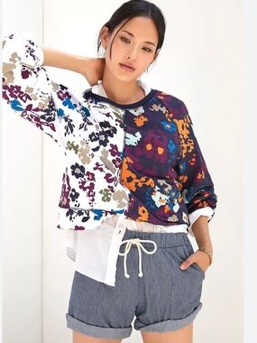 Anthropologie Maeve Puff Sleeve Mixed Floral Colorblock Sweatshirt Small